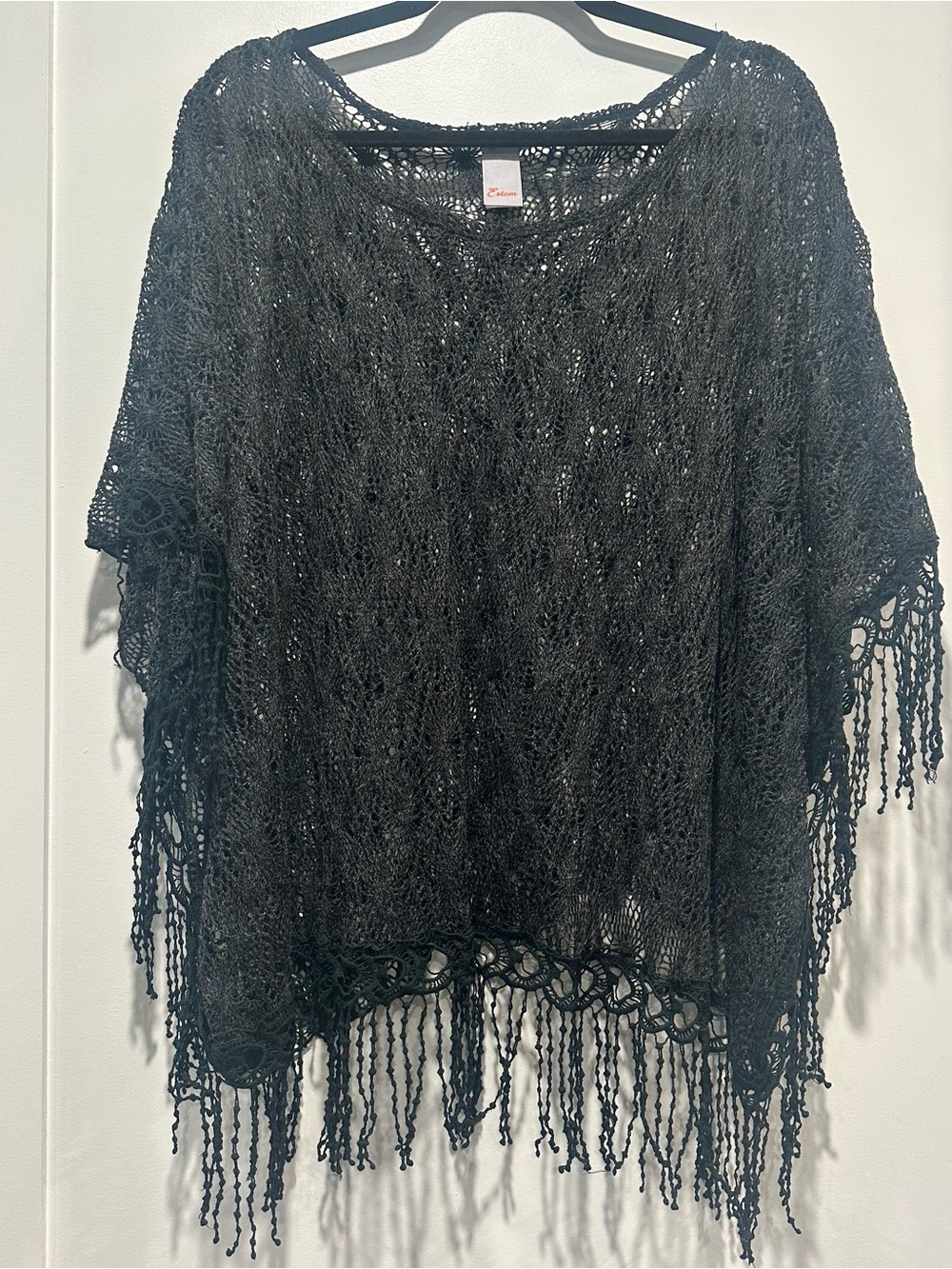 Women's Vintage Dark Grey Crochet and Black Fringe Poncho